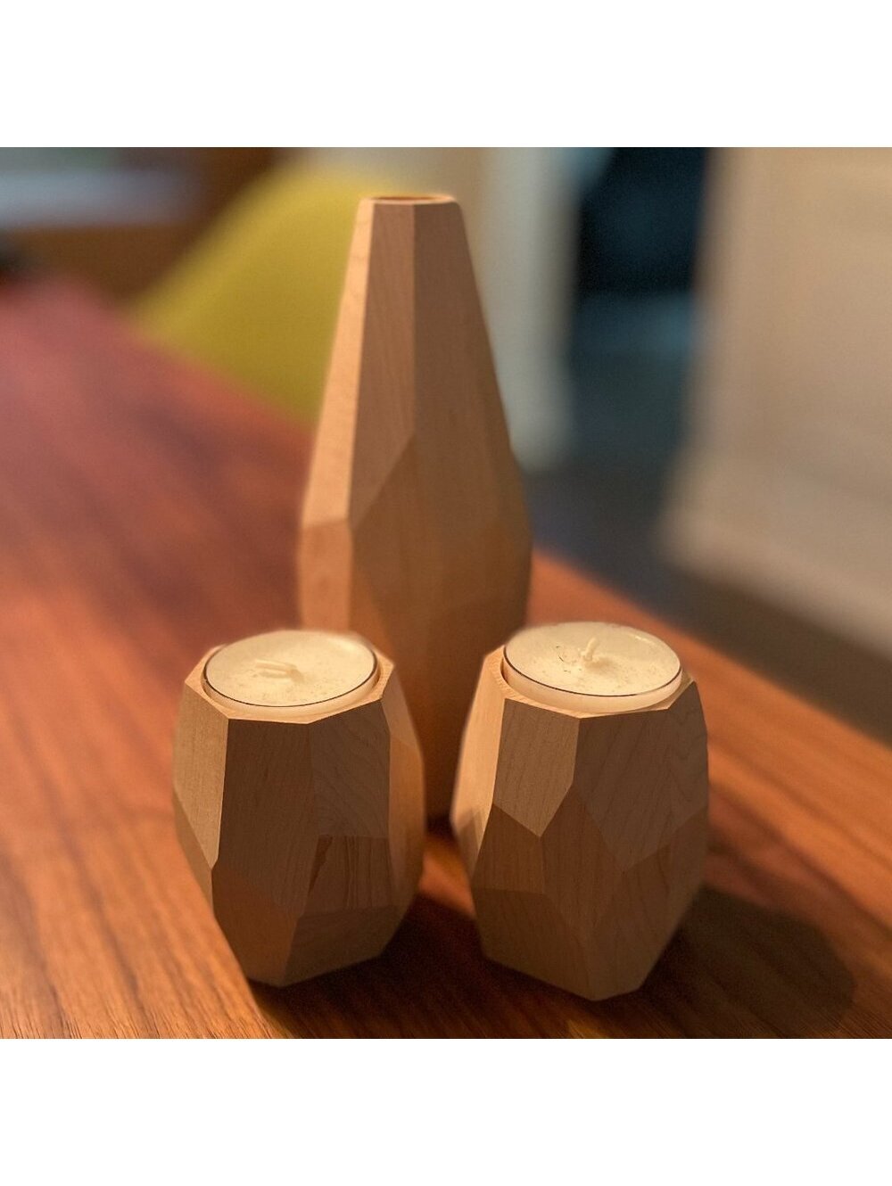 Wood Vase and Candle Holder Set